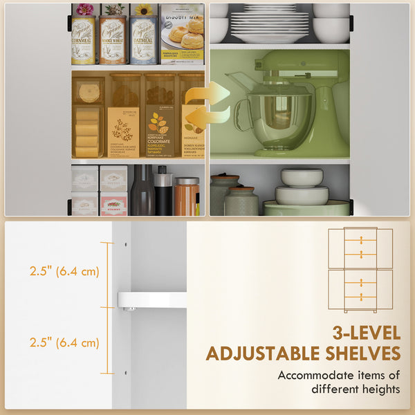 Modern farmhouse kitchen storage cabinet with 4 chevron doors and 4 adjustable shelves, white.
