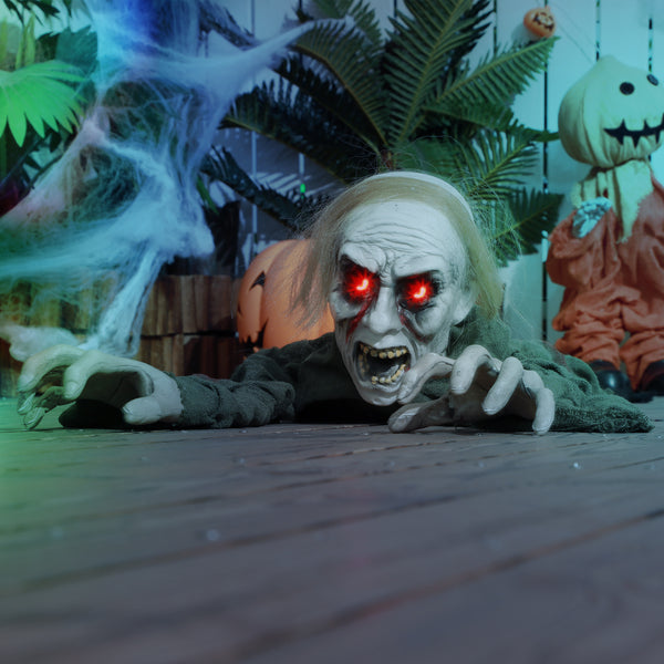 Crawling Zombie Halloween Decoration, Animated Decorative Accessory with Sound Activation and Light-Up Eyes