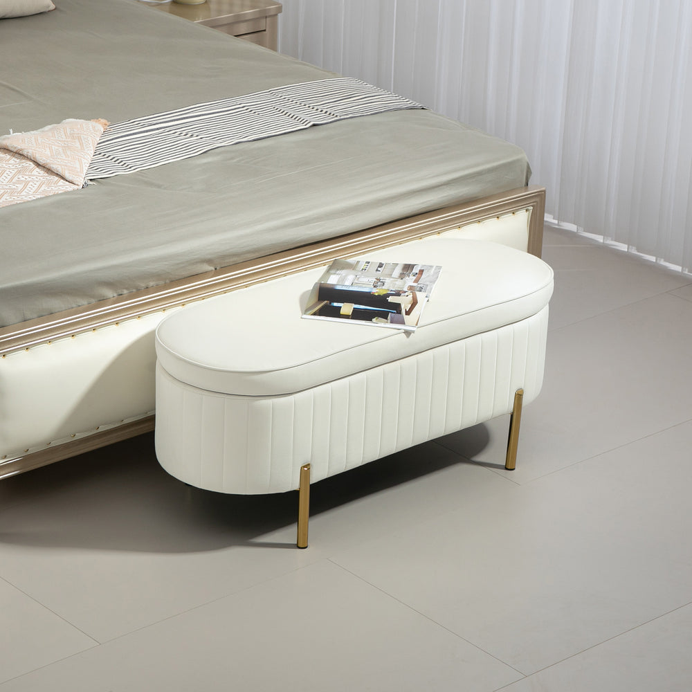 Upholstered tufted bedroom bench with metal legs, cream white