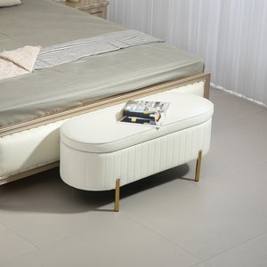 Upholstered tufted bedroom bench with metal legs, cream white
