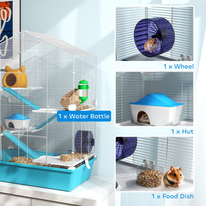 5-level hamster cage with platforms, ramps, and accessories – White and pale blue