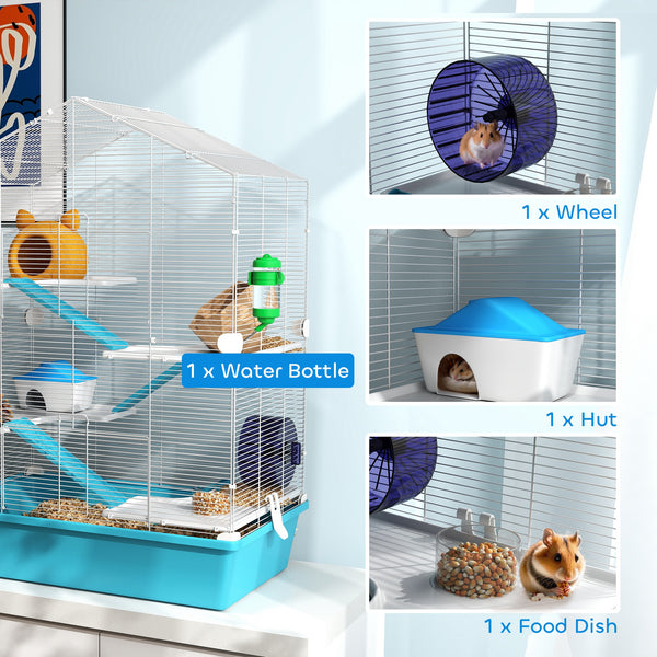 5-level hamster cage with platforms, ramps, and accessories – White and pale blue
