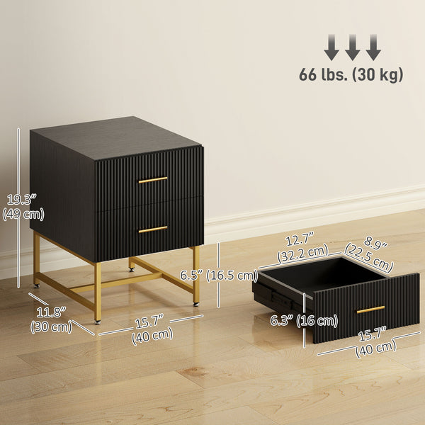 Set of 2 bedside tables with fluted drawers and metal frame – Black and gold