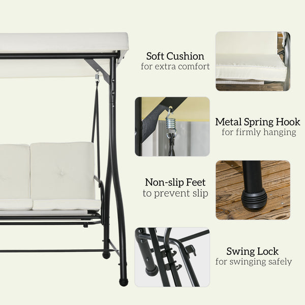 Convertible swing chair with canopy and cushions, 3-seater, cream white
