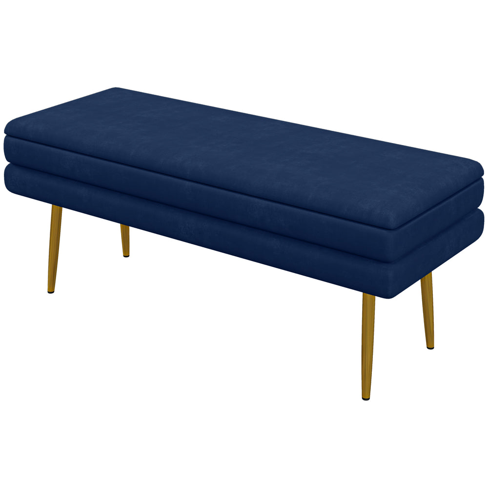 Velvet storage ottoman with steel legs, blue