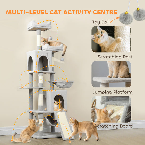 178cm Multi-Level Cat Tree with 2 Cabins, 2 Beds, Hammock, Play Balls, Light Grey