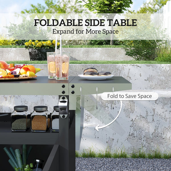 Outdoor Grill Cart Table with Foldable Side Table, BBQ Grill Stand with Stainless Steel Top & Hooks, 45.7"x19.7", Black