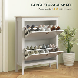 Narrow white and oak-effect shoe cabinet with 2 tilt drawers – 10 to 14 pairs