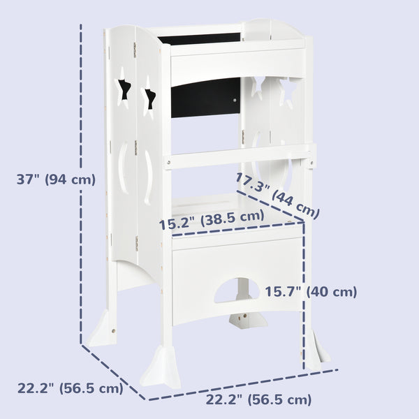 Foldable Toddler Kitchen Step Stool with Chalkboard and Locking Handrail, White