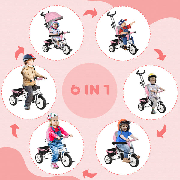6 in 1 Tricycle with Basket, Canopy, 5-Point Safety Harness, Pink