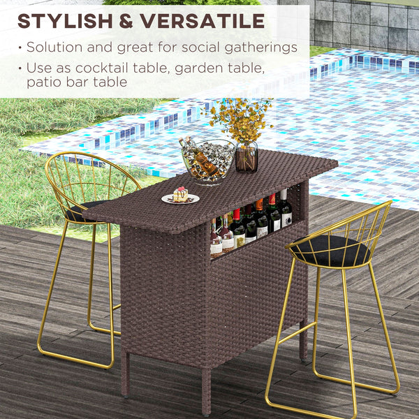 Outdoor rattan bar table with 2 storage shelves, brown