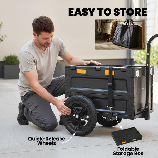 Bicycle trailer with foldable storage box and lid, quick-release wheels, reflective stickers, and safety flag
