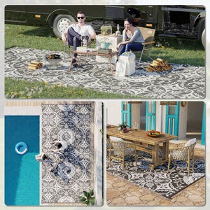 Portable outdoor mat with carrying bag, reversible, grey and white floral pattern