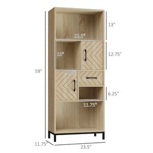 Bookcase with cabinets, drawers and open compartments, natural wood