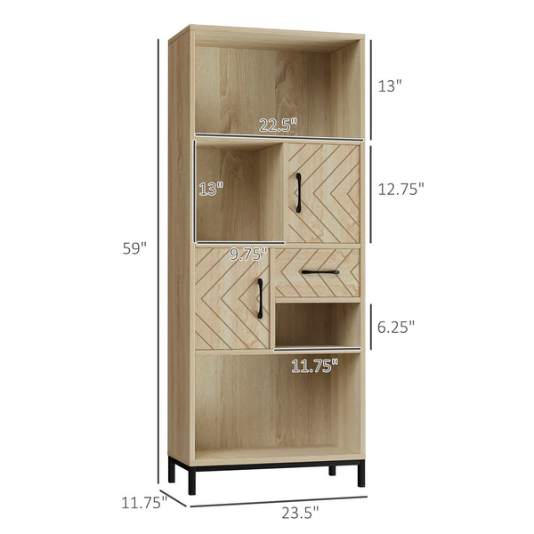 Bookcase with cabinets, drawers and open compartments, natural wood