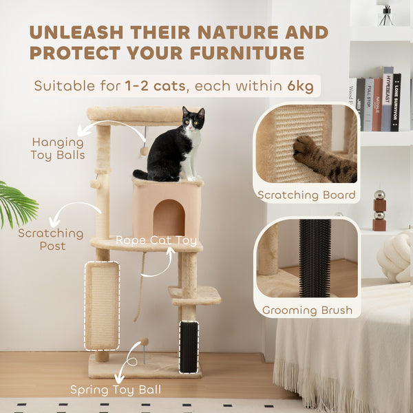 132cm Cat Tree with Scratching Posts, Basket, Kennel and Grooming Brush, Beige