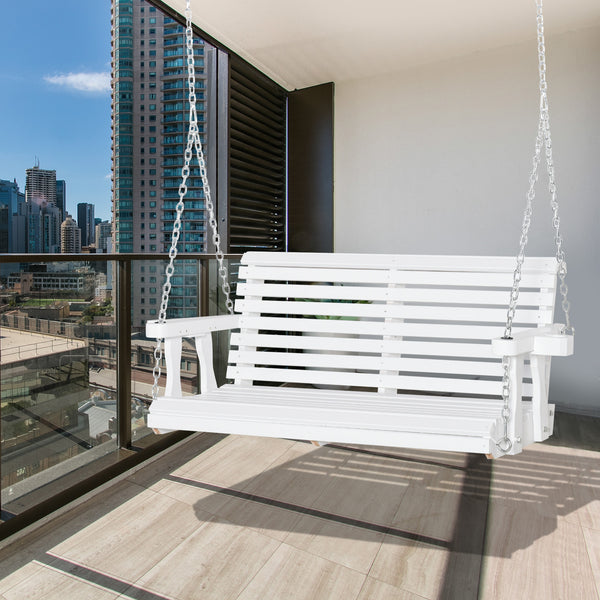 2-seater wooden porch swing with cup holder and chains, white