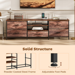 Industrial-style TV stand for TVs up to 70 inches, with charging station, 5 drawers and open shelves, rustic brown 
