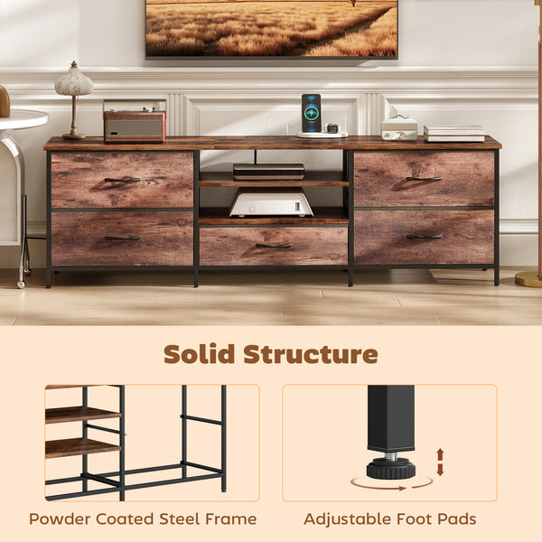 Industrial-style TV stand for TVs up to 70 inches, with charging station, 5 drawers and open shelves, rustic brown 