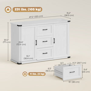 Sideboard with 3 Drawers and 2 Doors, 47" Buffet Cabinet with Adjustable Shelves for Kitchen, White Wood Grain