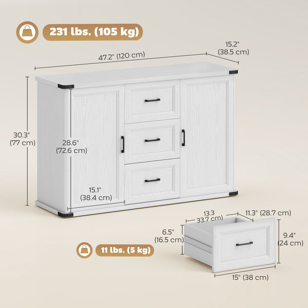 Sideboard with 3 Drawers and 2 Doors, 47" Buffet Cabinet with Adjustable Shelves for Kitchen, White Wood Grain