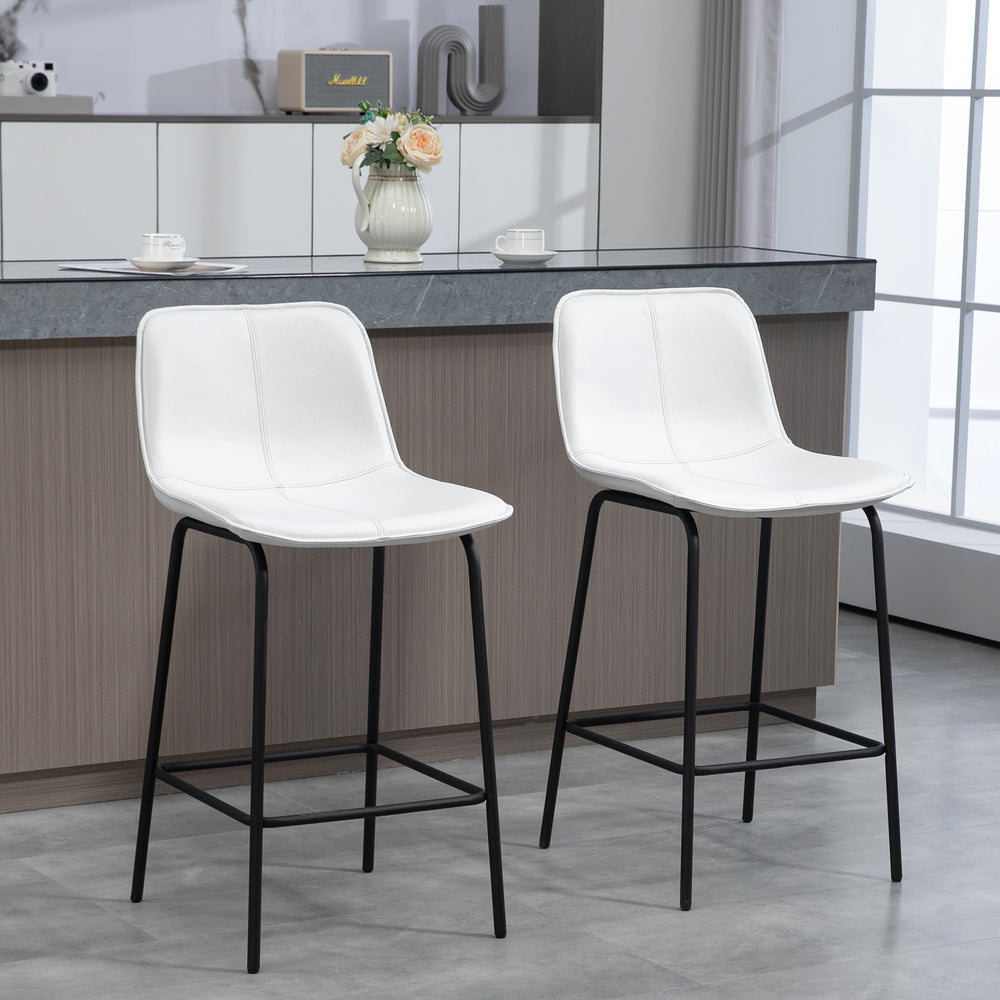 Set of 2 padded bar stools with steel legs, cream white