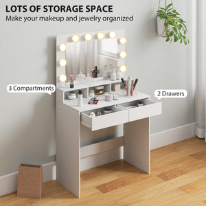 Dressing table with LED lighting, charging station and drawers, white 