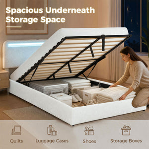 Queen Size Bed Frame with Charging Station, LED Lighting, Adjustable Headboard, White