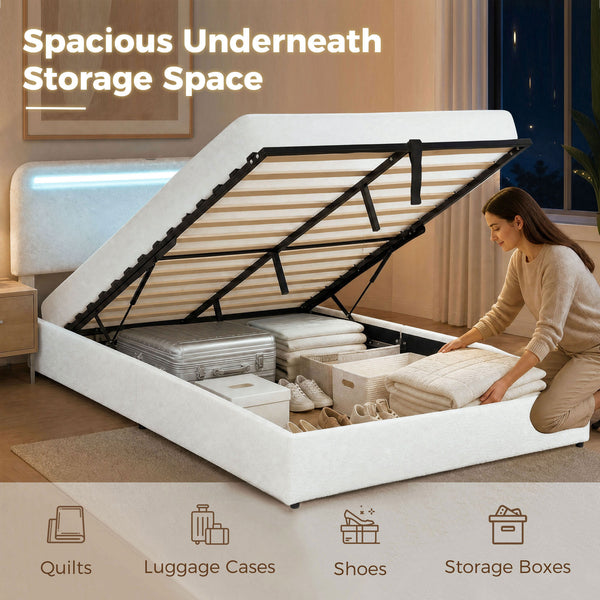 Queen Size Bed Frame with Charging Station, LED Lighting, Adjustable Headboard, White