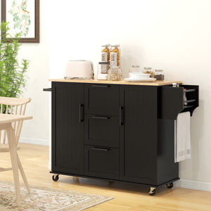 Kitchen trolley on wheels with flap, 3 drawers, solid wood top and towel rail, black