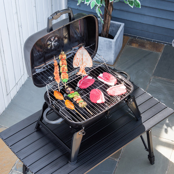 Portable Tabletop Steel Charcoal Grill Foldable Outdoor BBQ Camping Picnic Cooker, 59 x 43 x 39 cm, Black