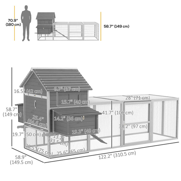 Wooden chicken coop with nesting boxes, run, doors, tray, and ramp for 4 to 6 chickens