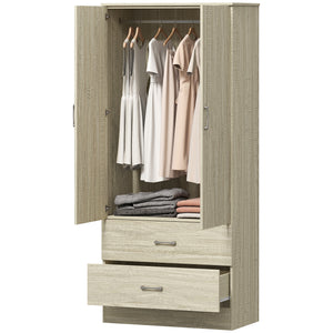 Wardrobe with hanging rail and 2 doors, clothes storage with 2 drawers, oak