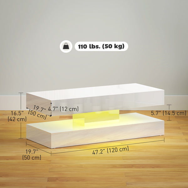 Coffee table with adjustable LED lighting and 2 drawers, glossy white