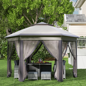 13' x 13' Folding Gazebo with Netting and Carry Bag, Hexagonal, Coffee and Beige