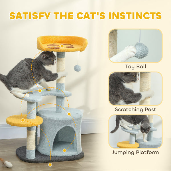 80cm Cat Tree with Plush Perch, Platform, Hideaway, Scratching Post and Play Ball, Blue