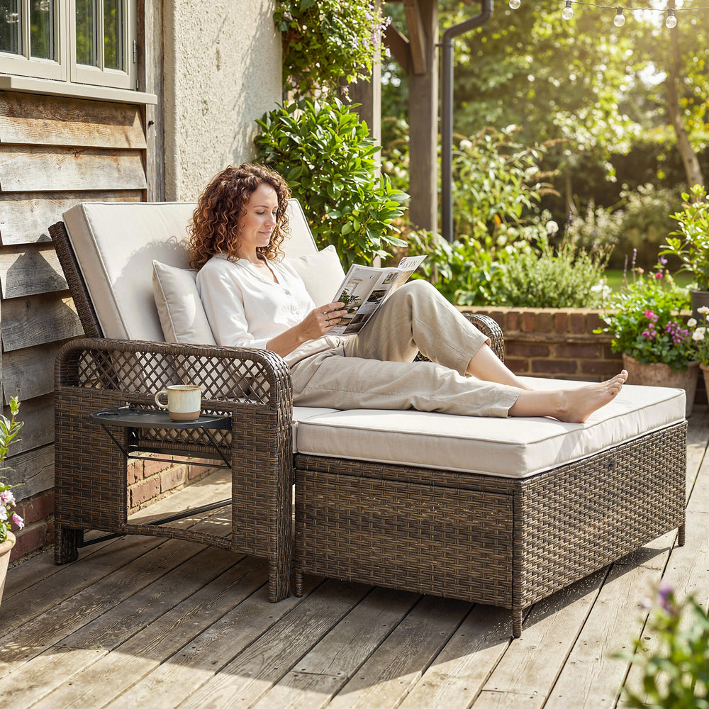 Double patio lounge chairs with cushions, PE wicker, adjustable backrest and side tables, brown/cream