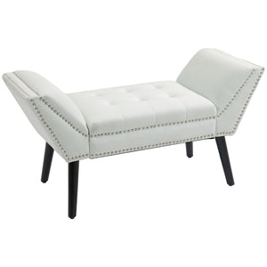 Modern upholstered bench with arms and nailhead trim, white
