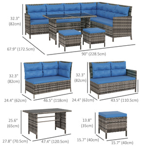 6 Piece Outdoor Rattan Sofa Set with Dining Table and Chairs Blue