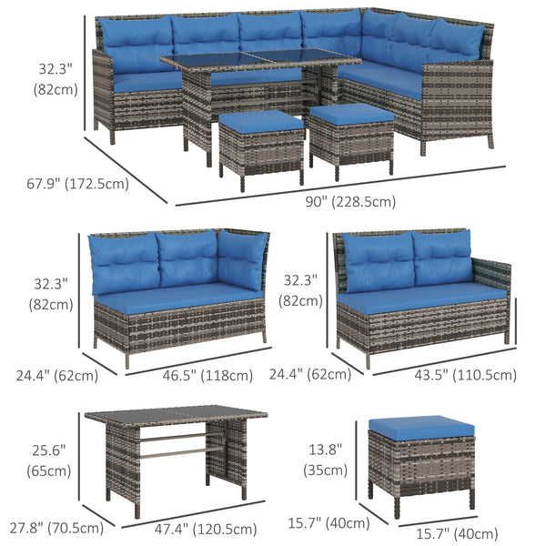 6 Piece Outdoor Rattan Sofa Set with Dining Table and Chairs Blue