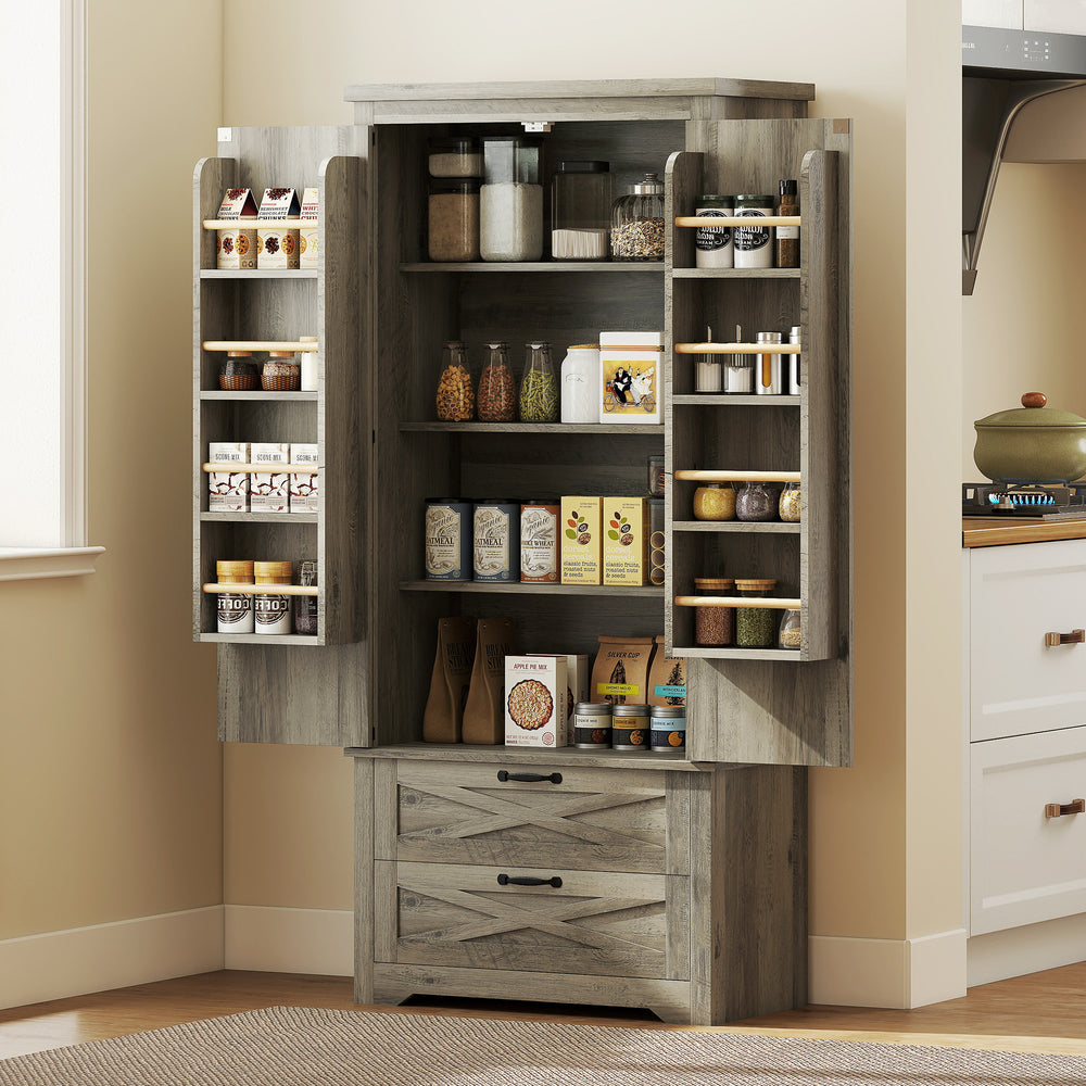 Country Style Pantry with Drawers, Distressed Gray