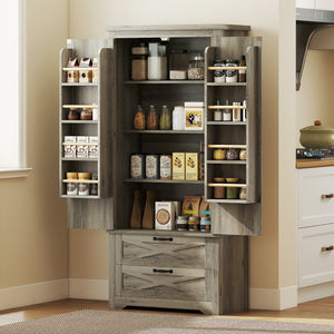 Country Style Pantry with Drawers, Distressed Gray