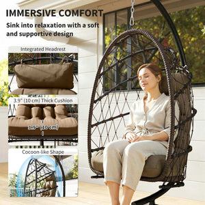 Suspended armchair with stand, in woven rattan with thick cushion and safety rope, brown