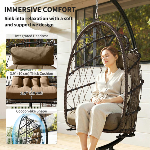 Suspended armchair with stand, in woven rattan with thick cushion and safety rope, brown
