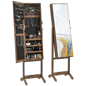 Lockable Jewelry Armoire with Full-Length Mirror and Jewelry Storage, Rustic Brown