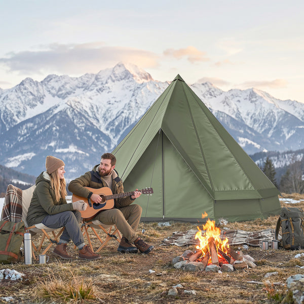 Waterproof teepee tent with stove jack, ideal for 4 to 6 people for camping or hiking, khaki