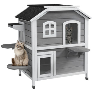 Two-story wooden cat house with a retractable roof, grey