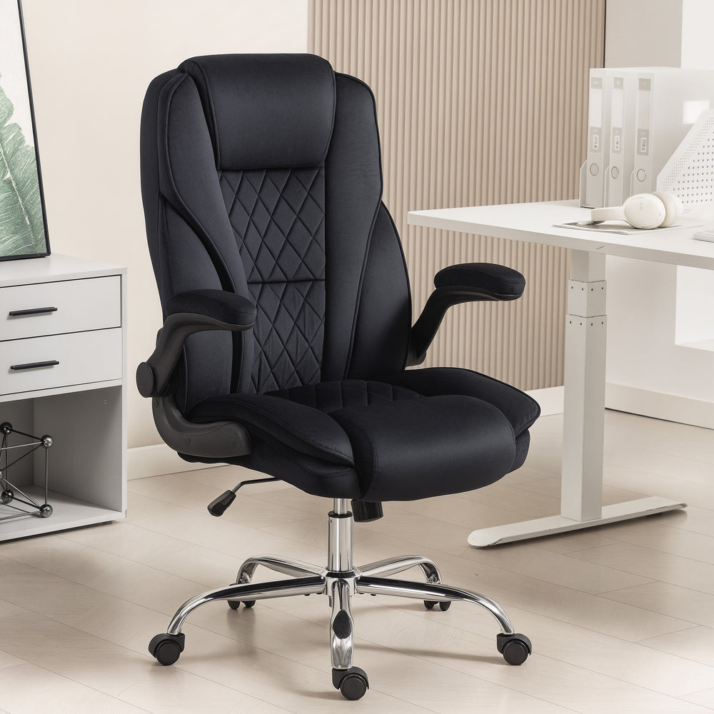 Black diamond pattern fabric office chair.