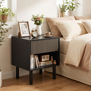 Modern nightstand with drawer and open shelf – Black