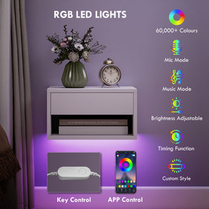 Set of 2 floating bedside tables with RGB LED lighting and storage, white